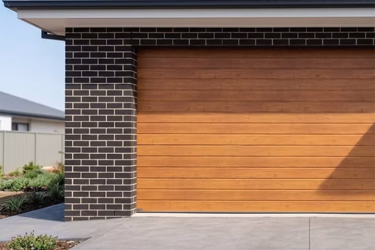 A premium timber-look sectional garage door installed on a modern dark brick residential home in Shepparton.